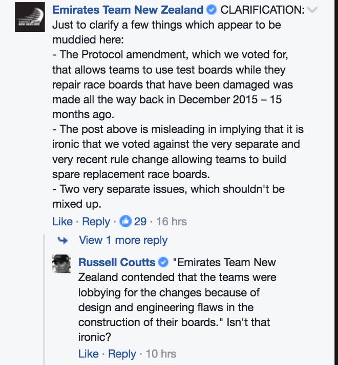 Facebook exchange between Russell Coutts and Emirates Team NZ © Facebook